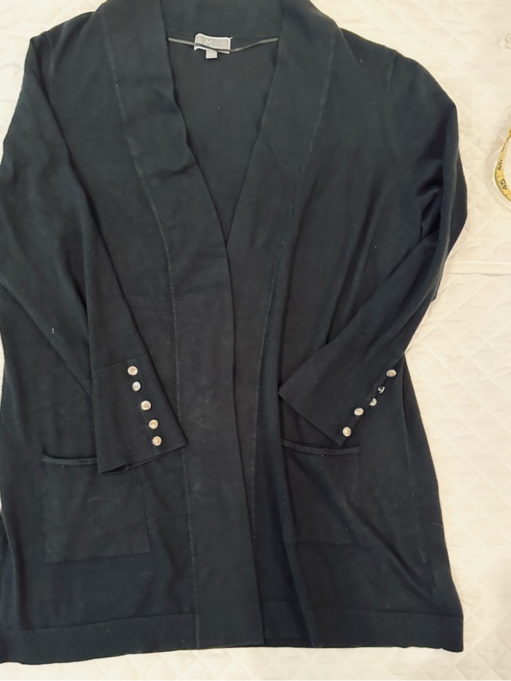 JM Collection Black Open Front Cardigan with Button Cuffs
